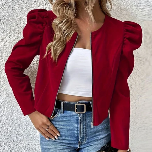 Imagen 2 del producto Chaqueta corta de moda para mujer, abrigo elegante con mangas abullonadas, chaquetas con cremallera, prendas de vestir exteriores, chaqueta negra para mujer