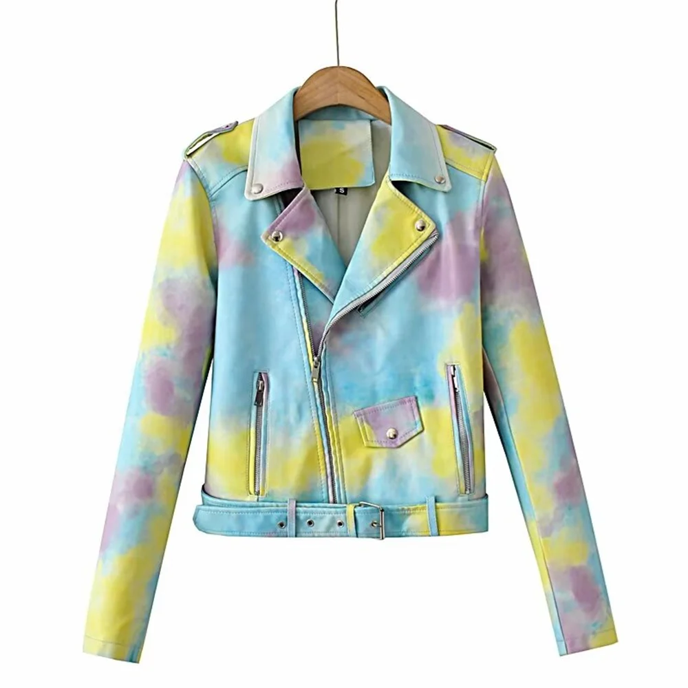 2024 autumn and winter new products casual and fashionable women's clothing tie dye decoration motorcycle jacket