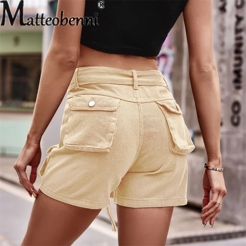 2023 Summer New Mid-waist Lace-up Denim Overalls Female Fashion Casual Streetwear Loose Splicing Pocket Women Solid Color Shorts