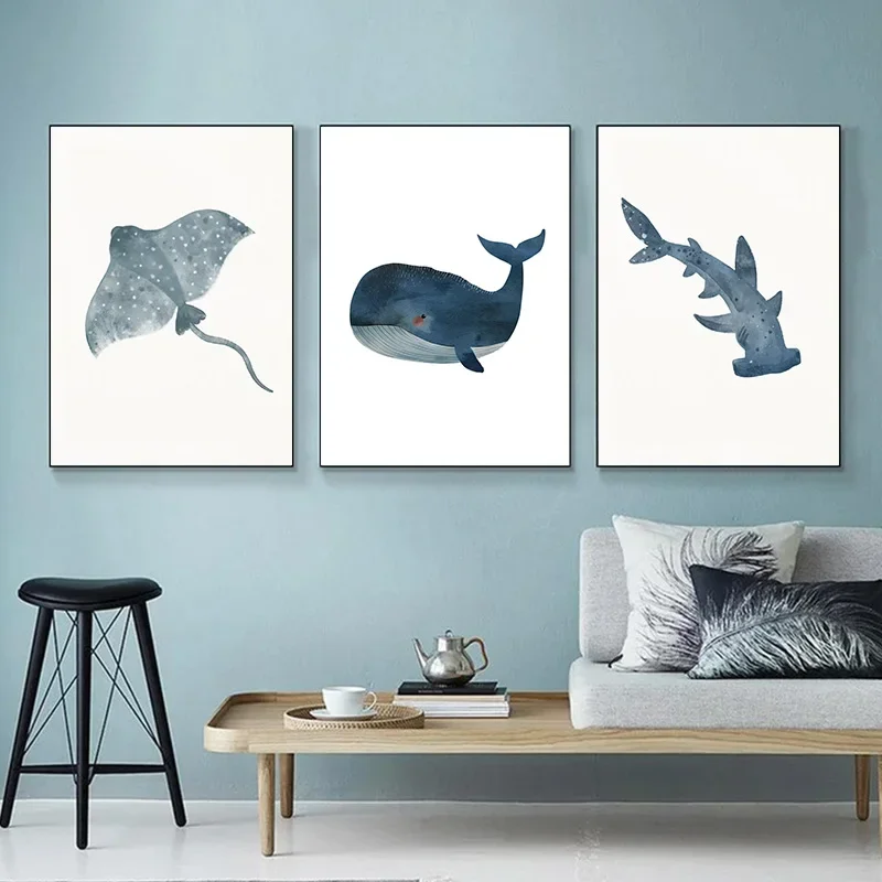 Ocean Animal Shark Turtle Dolphin Whale Fish Poster Watercolor Canvas Painting Print for Wall Living Room Nursery Home Decor