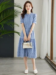 VIMLY Women's Elegant Party Dress Summer Short Sleeve Crocheted Hollow Out Lace Embroidery Dress Simple Commuter A-line Dresses