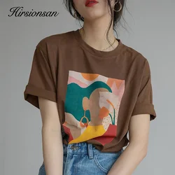 Hirsionsan Aesthetic Printed T Shirts Women 2023 New Soft Vintage Loose Tees Abstract Graphic Cotton Tshirts Summer Casual Tops