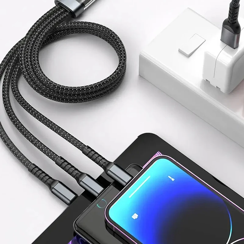 ユニバーサル急速充電ケーブル,マルチチャージャー,編組ナイロン,複数のUSB, 3 in 1充電コード,タイプCマイクロアダプター,100w