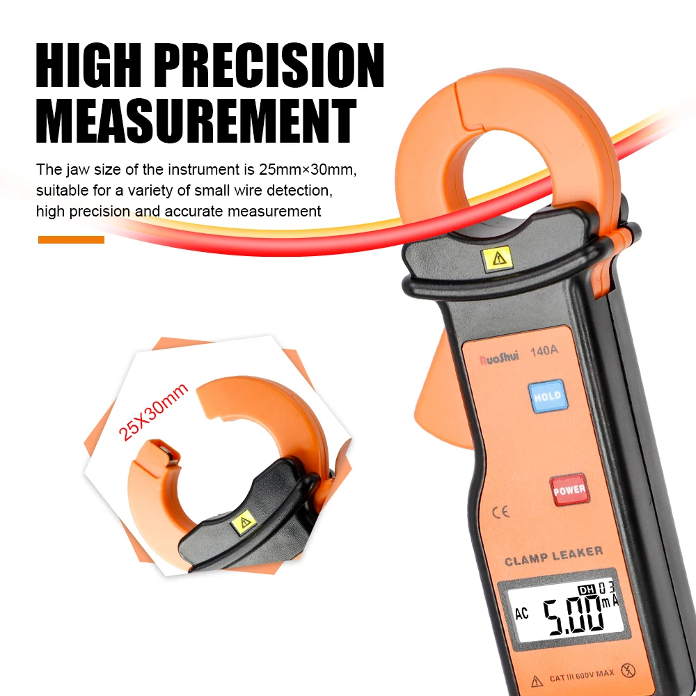 RuoShui 140A AC Leakage Current Clamp Meter Auto Range Current Leak Tester with Digital Hold Peak Value Data Storage 600A