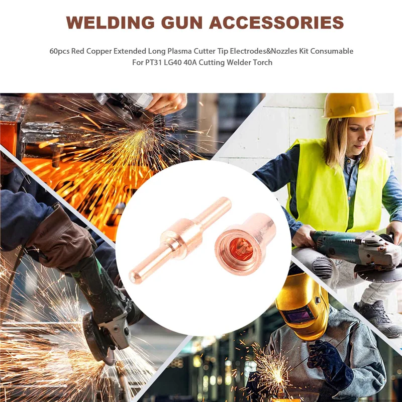 

B17B 60Pcs Red Copper Extended Long Plasma Cutter Tip Electrodes&Nozzles Kit Consumable For PT31 LG40 40A Cutting Welder Torch