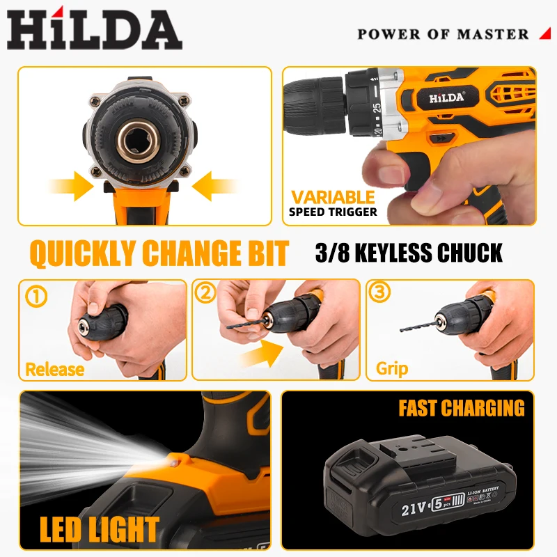 Hilda 21v furadeira sem fio com bateria 25 + 1 torque furadeiras elétricas sem chave 3/8 "destornillador de furadeira sem fio