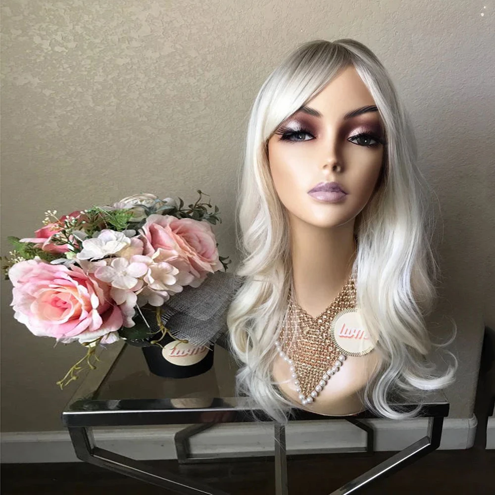 24'' Ombre Dark Root Platinum Blonde Synthetic Lace Front Wig Heat Friendly Fiber Wavy Wig 10% Mixed Human Hair Lace Wig Cosplay