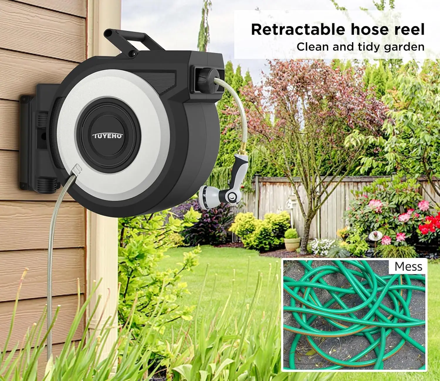 eho Retractable Garden Hose Reel 90 Ft, Wall Mount Heavy Duty Water Hose Reels With Automatic Slow Rewind System, Outdoor