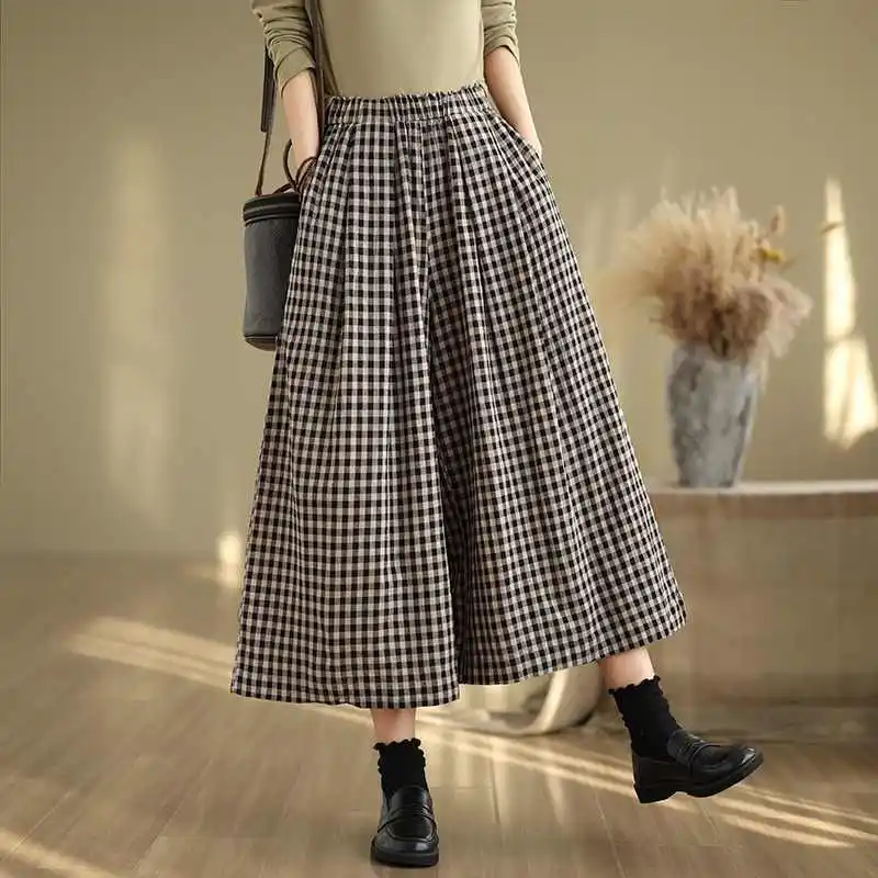 716 Spring Summer Elegant Vintage Style Plaid Pants For Women Elastic High Waist Loose Casual Wide Leg Female Trouser Clothing