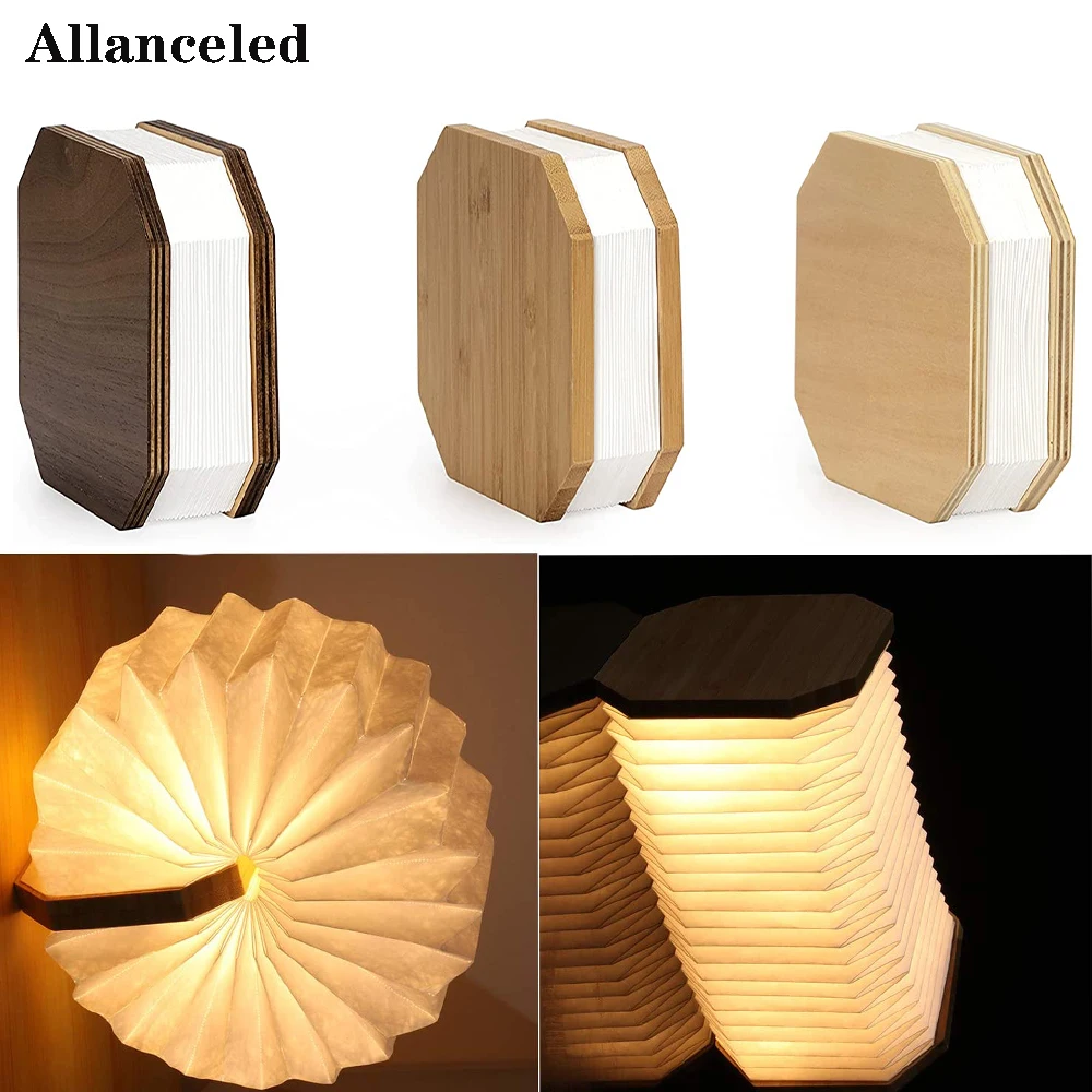 LED Table Lamp Folding Accordion Night Light 3Color USB Charge Wooden Book Light Children\'s Birthday Gift Lights Decora Lighting