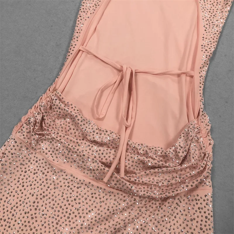 Vestido de fiesta rosa con cristales, sexy, con cuello en V, sin espalda, sin mangas, vestido largo formal para invitados de boda, vestido de novia con cordones en la espalda