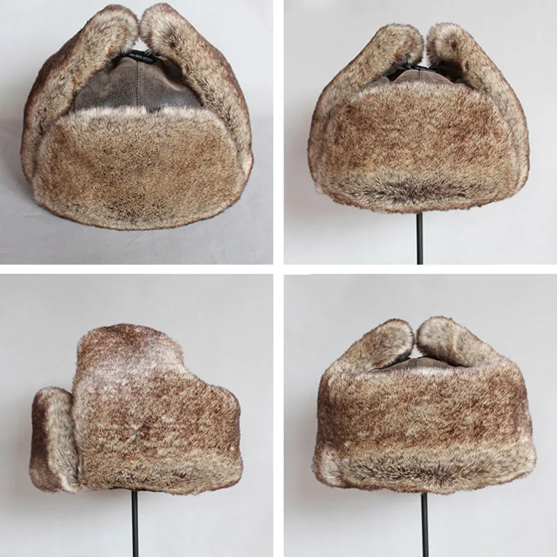 قبعات بومبر الشتاء الرجال الدافئة الروسية Ushanka قبعة مع الأذن رفرف بولي Leather الجلود الفراء الصياد قبعة إيرفلاب للنساء