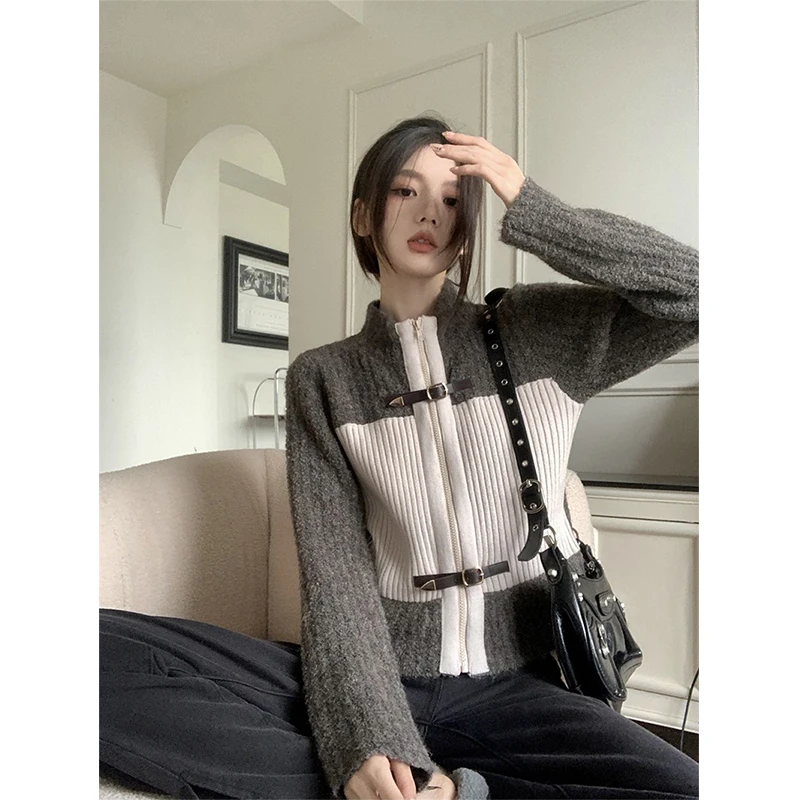 

MEXZT Streetwear Cropped Knitted Cardigan Women Vintage Patchwork Sweater Coat Korean Casual Jumper Basic Loose Knitwear Tops