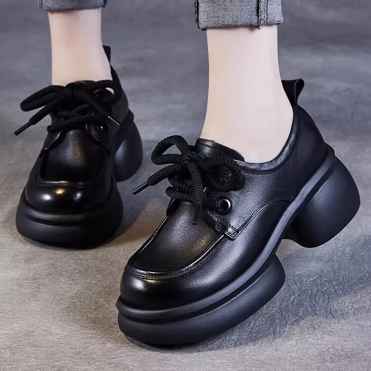 

Casual British Style Women's Thick Heel Autumn Winter New Style Lace-Up Loafers Black Versatile Wide Heel Single Shoes