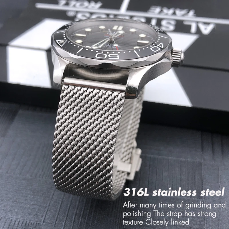 High Quality 316L Stainless Steel 19mm 20mm Watchband for Omega 007 Seamaster Speedmaster 300 Watch Strap Woven Metal Bracelets