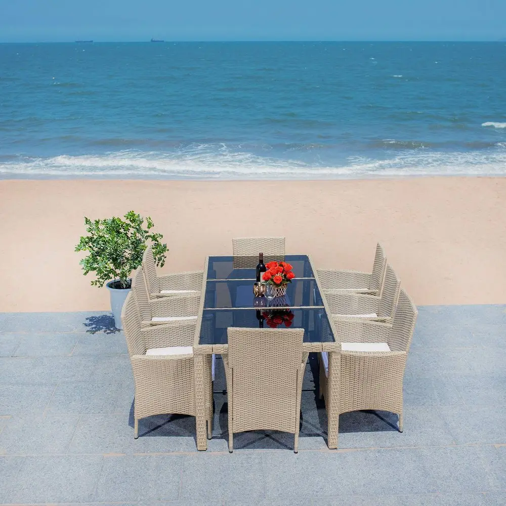 

Outdoor Hailee 9Piece Dining Set Beige amp White Faux Wicker amp Steel Frame Eight Chairs and GlassTop Table Ideal for Patio, D