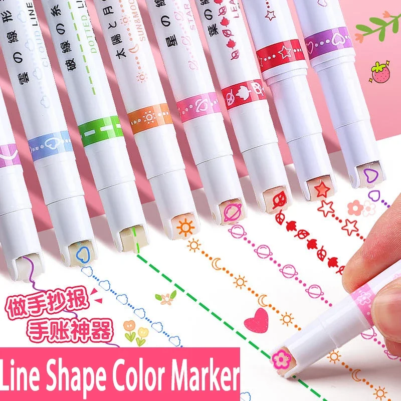Rotuladores resaltadores en forma de línea de flores Kawaii, marcador de delineador curvo con punta de rodillo para escribir, diario, dibujo, papelería, 6 uds.