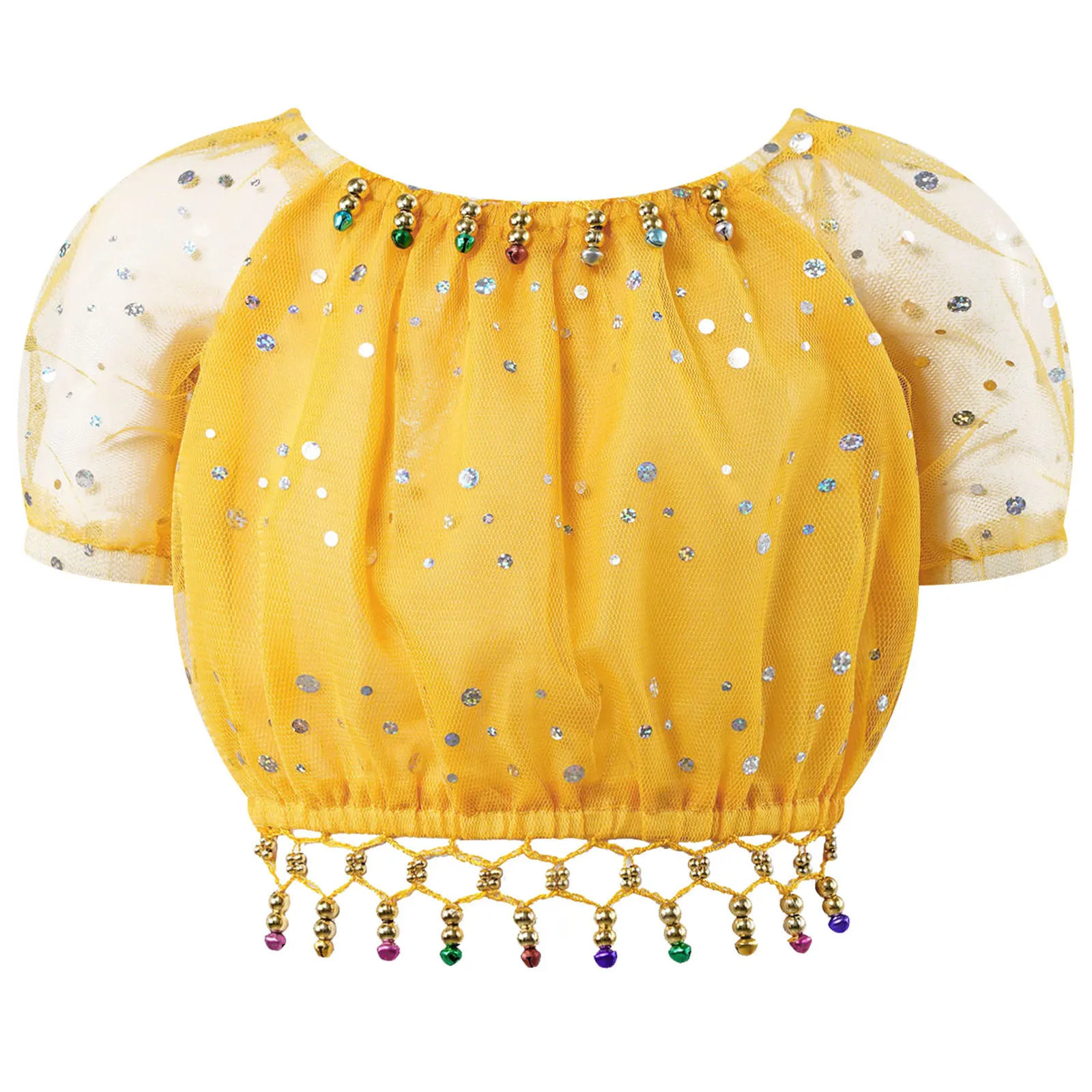 Kids Girls Belly Dance Costume Short Sleeve Shiny Sequins Mesh Bells Beads Tassel Dancing Tops Folk Dance Bellydance T-shirts