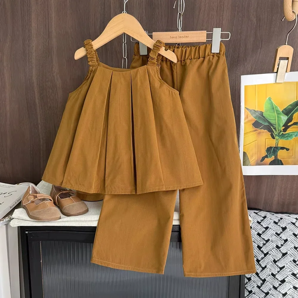 

Girls Suit Summer Khaki Pleated Sleeveless Top + Long Pants Two-piece Set Korean Version 3-7 Years Old New Children's Clothing