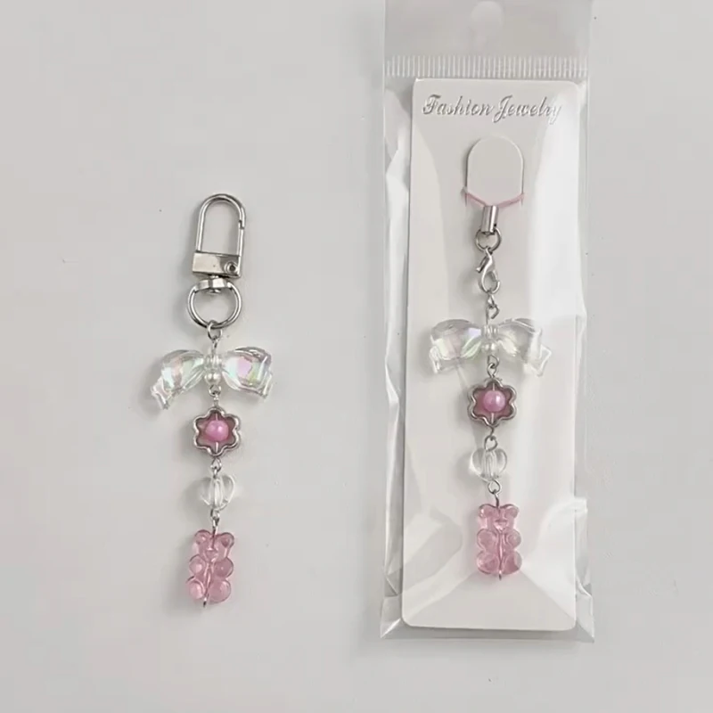 Pink Bear Bow Beaded Phone Chain Headphone Case Anti-lost Chain Fashion Keychain Pendant Rope Bag Decorations Lanyard Gifts