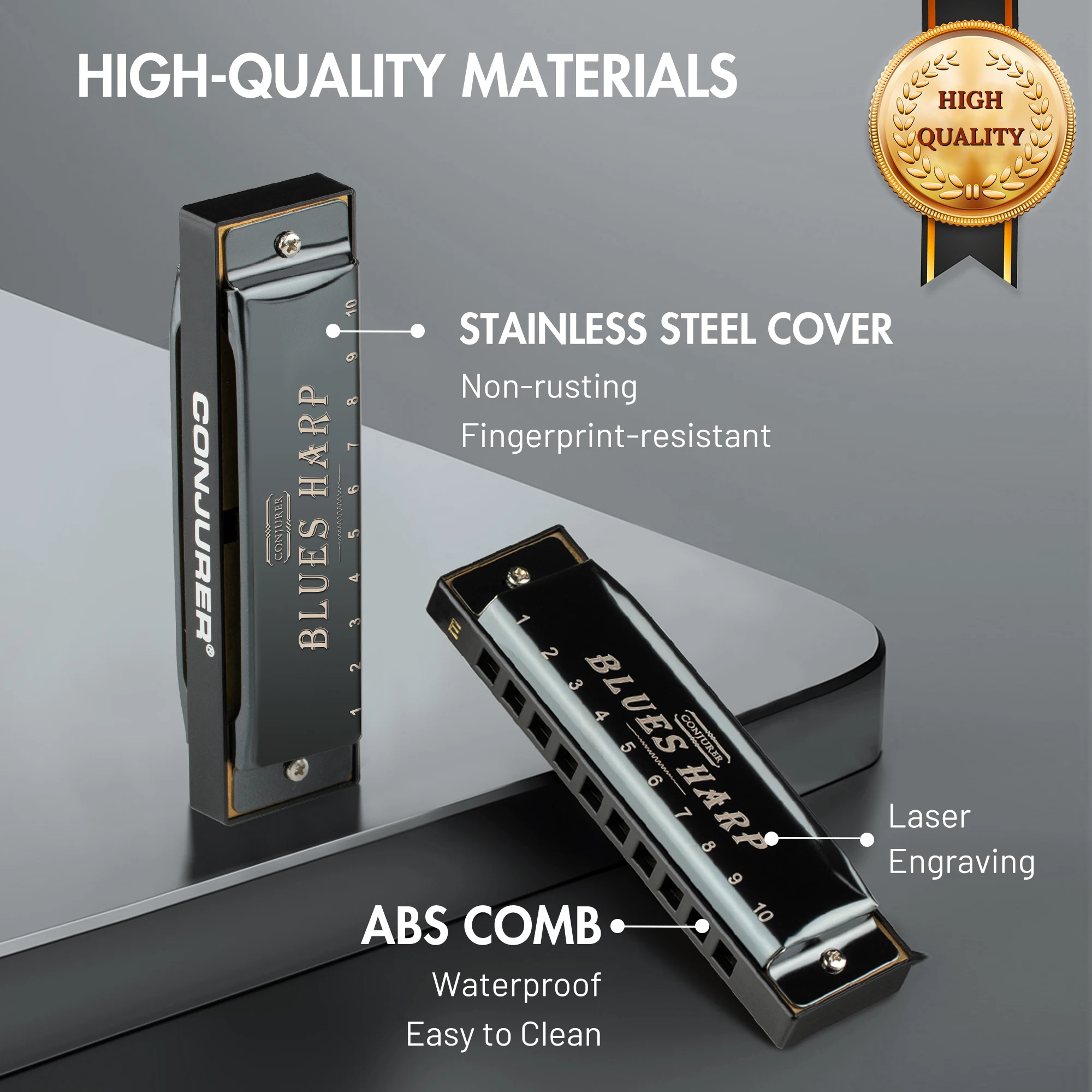 CONJURER Diatonic Harmonica 10 Hole Blues Harp Mouth Organ with different keys Professional Musical Instruments(BLACK COVER)
