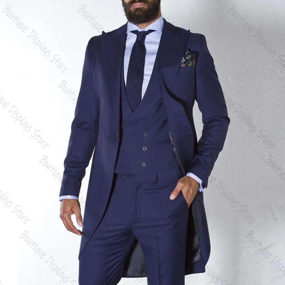 

Navy Blue Tailcoat Men Suits for Wedding Custom Made Groom Tuxedos Long Male Fashion Blazer 3 Pieces Set