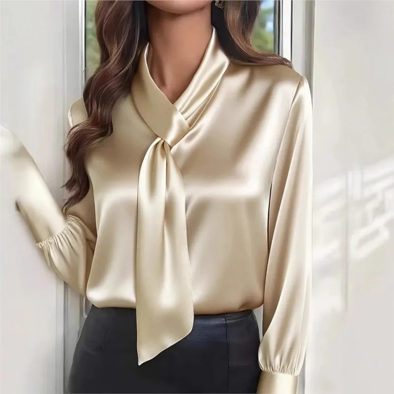 

Весенне-осенняя новая однотонная модная рубашка с длинным рукавом с лентой для женщин, повседневный свободный кружевной топ Blusas De Mujer 블라우스