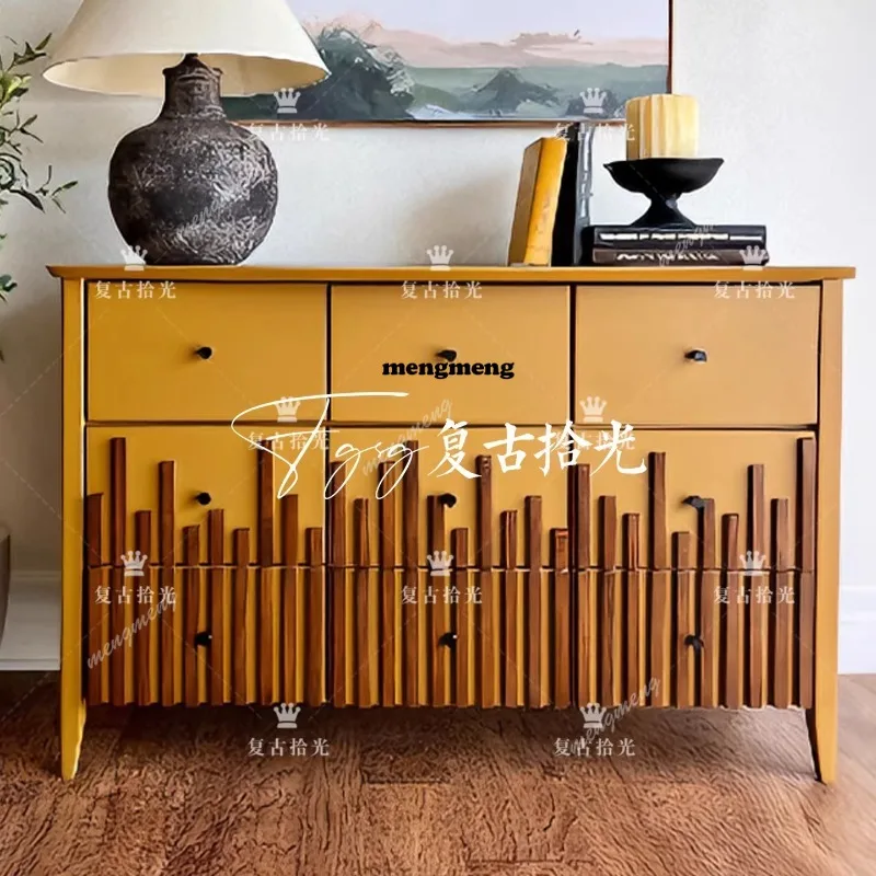 

Французский ретро-шкаф для прихожей из массива дерева, желтый, с полосатым декором, многоярусный, с выдвижными ящиками