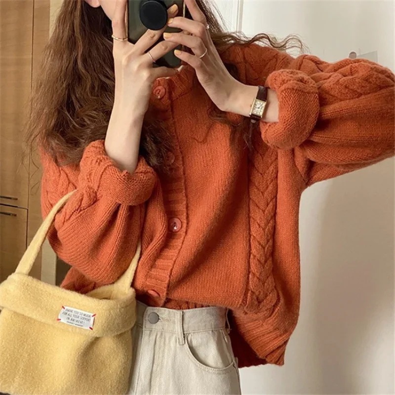 DAYIFUN-Women's Loose O-Neck Sweater Short Cardigans Vintage Fried Dough Twist Knitted Coats Autumn Winter New Jumpers for Women