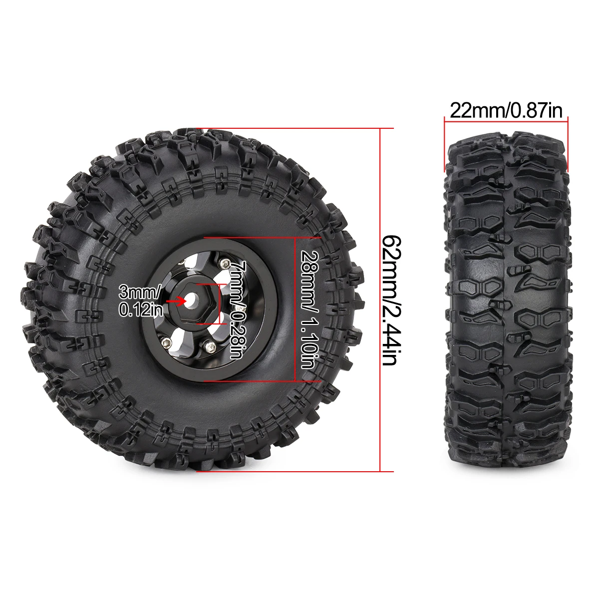 4個入り 1.0インチ 真鍮製ビードロックホイールハブリムタイヤセット 62*22mm 1/24 RCクローラーカー Axial SCX24 AX24 FCX24 アップグレード用