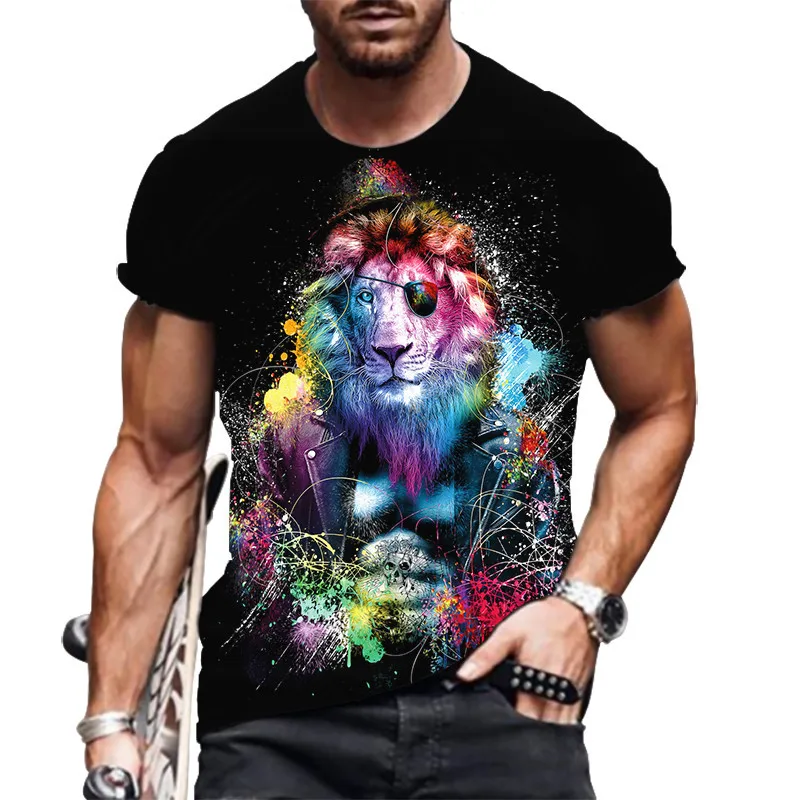 Tie-dye Lion Pattern Men's T-Shirts Short Sleeve 3D Animal Printed Street Male T Shirt Summer O-Neck Casual Cotton Tops