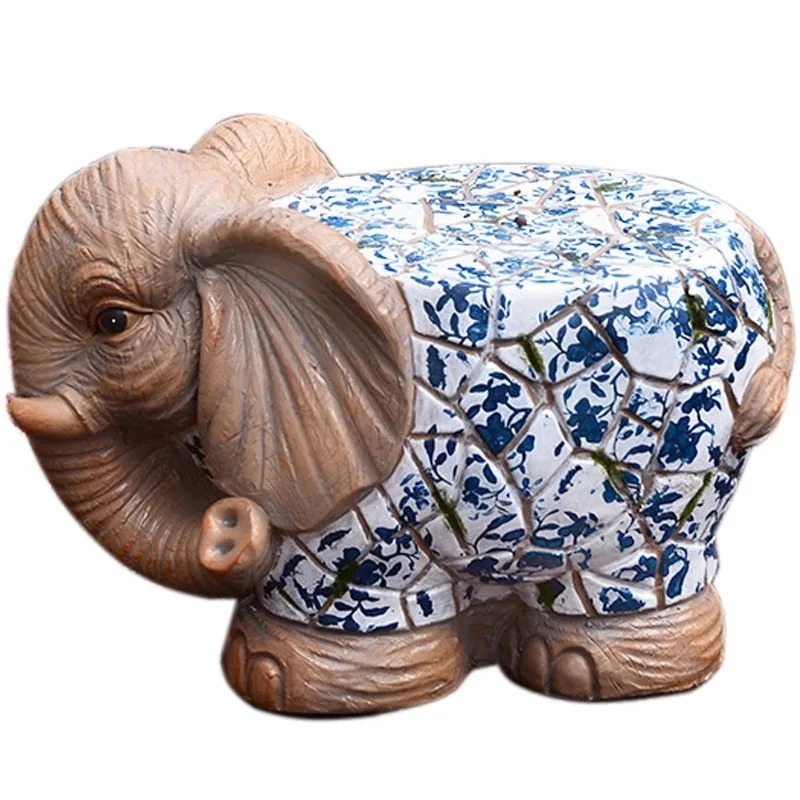 Blue and White Cartoon Elephant Stool Waterproof Resin Statue Multifunctional Outdoor Garden Pot Base Patio Yard Decor Ornament