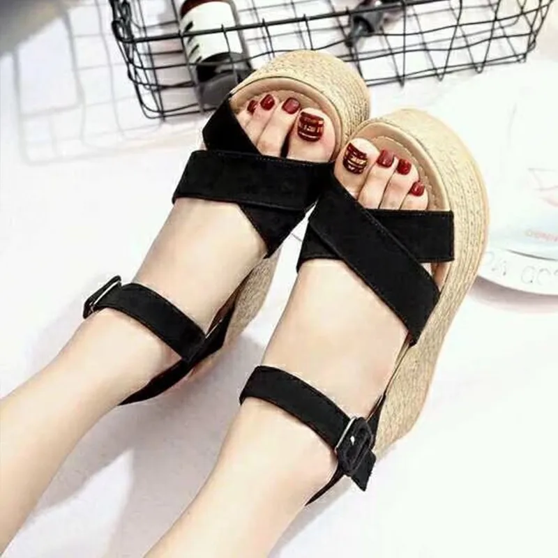 Summer Buckle Women\'s Sandals Velvet Flock Fish Mouth Fashion High Heel Platform Open Toes Women Sandals Shoes Drop Shipping