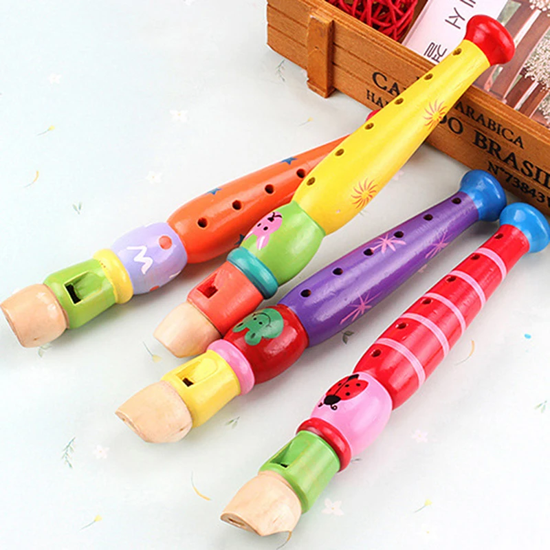 Cartoon Kid Woodwind Short Flute Child Learning Educational Musical Instrument Type 6-Holes Recorder Color Pattern Wooden Flute