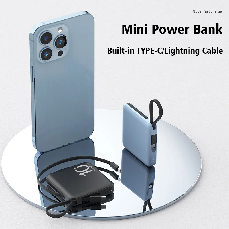 Portatile Mini 10000mAh Power Bank caricabatterie rapido batteria esterna cavo integrato 5000mAh piccolo Powerbank per iPhone Xiaomi Samsung