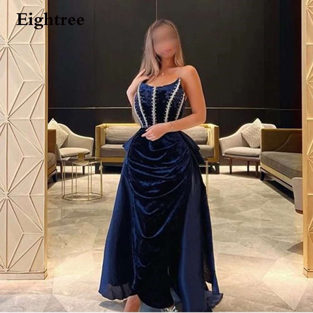 

Eightree Navy Blue Velour Prom Dresses Vintage Mermaid Crystal Strapless Beading Abendkleider Dubai Evening Dress Robe De Soirée