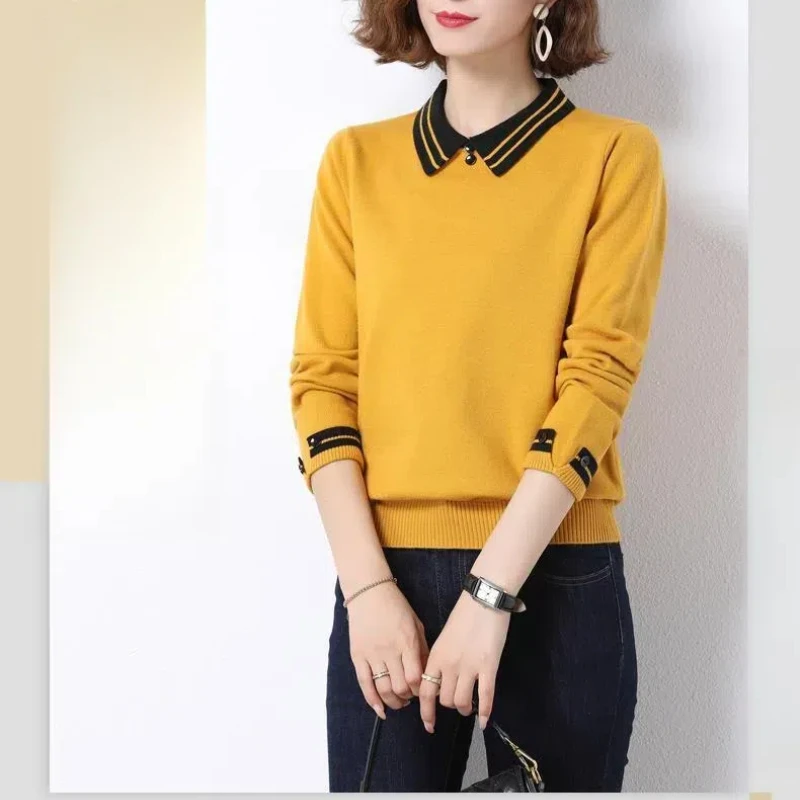 Korean Autumn Winter Peter Pan Collar Contrast Color Button Long Sleeve Sweater Knitted Casual Elegant Women\'s Clothing Tops