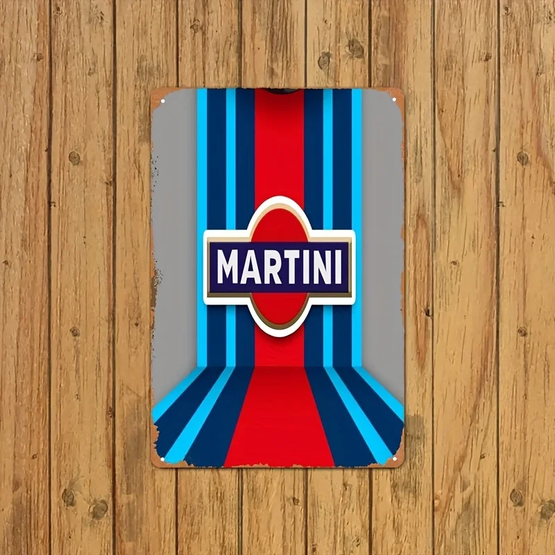 Metal Tinplate Wall Art Plaque - Retro Martini Logo Design with Red & Blue Stripes,  Iron Sign for Home, Bar, Cafe, Garage Decor