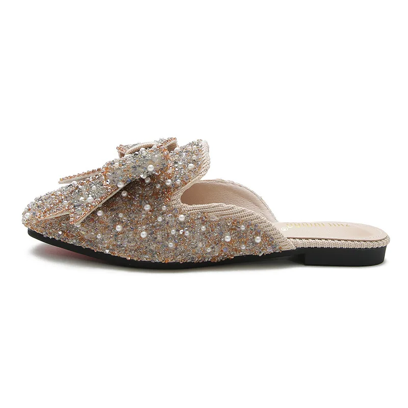 Square Toe Paillette Beads Mules Women Slippers Summer Shoes Woman Sandals Flip Flops Pearl Bling Glitter Slides Plus Size 34-43