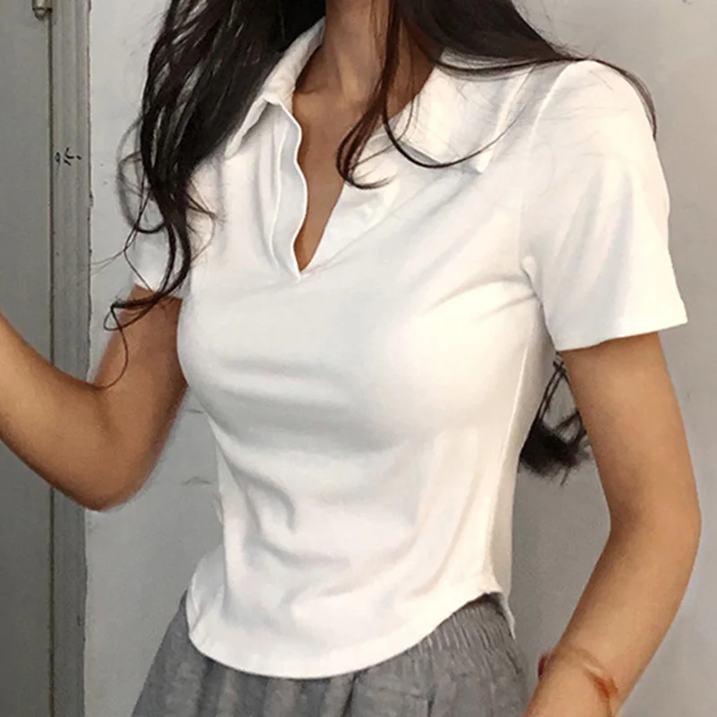 Sommer Kurzarm Revers Top Frauen Solide V-ausschnitt Pullover Retro Süße Shirts Heiße Mädchen Crop Top Weibliche Dünne Vielseitig t – Detail 9