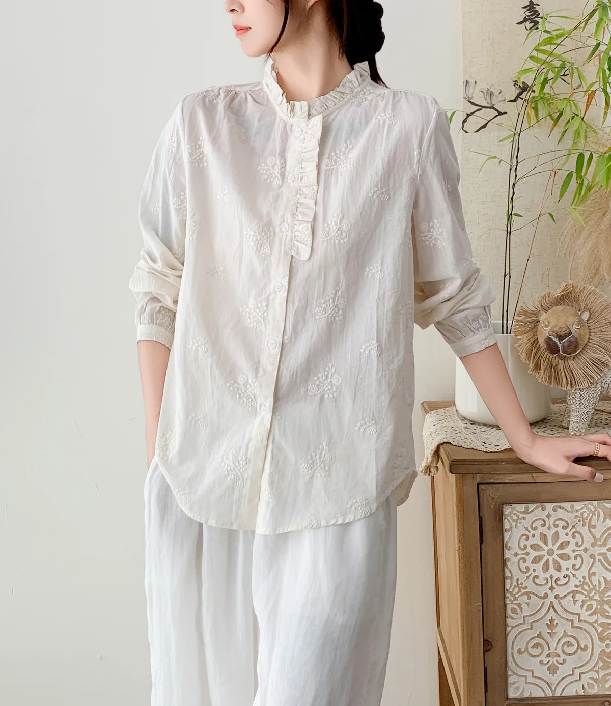 جديد 2025 الخريف قميص قطني بكم طويل ، المرأة الوقوف التطريز ، موري فتاة الفرنسية الكشكشة Fairycore INS بلوزة فضفاضة T58983CC #3