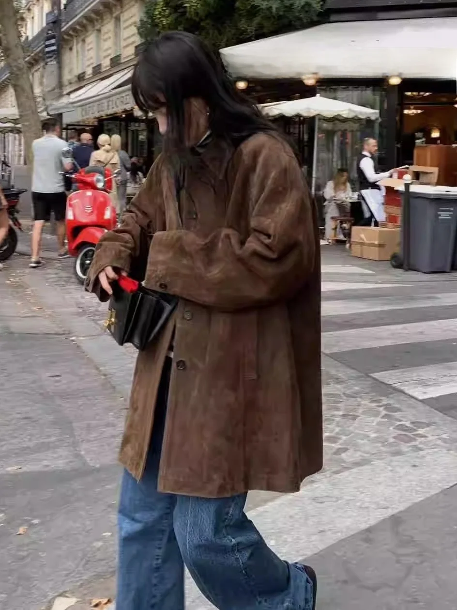 Le*obe Dongda Gate Terno F Vintage de Camurça com Gola Lapela e Decote Amplo, Estilo Versátil para o Dia a Dia, Manga ...