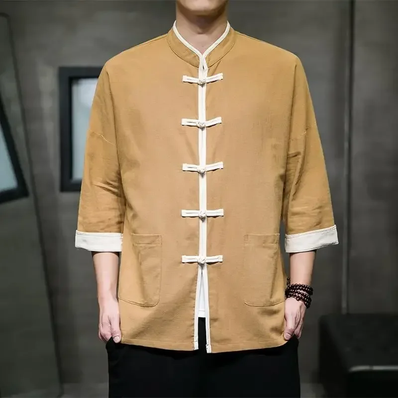 4 Color Spring Autumn Retro Cotton Linen Shirt Men Chinese Button Loose Three Quarter Sleeve Tang Suit Kung Fu Blouses Plus Size