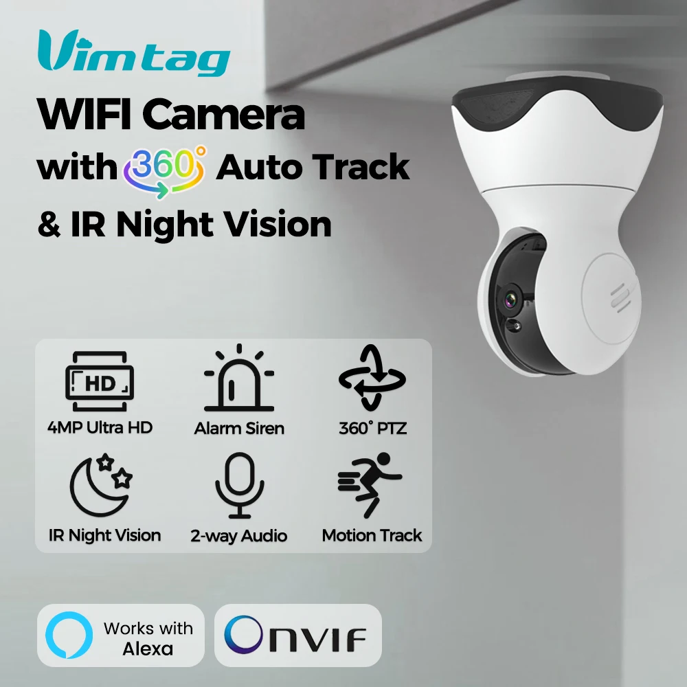 

VIMTAG 4MP 360° Camera WIFI Auto Track 2-Way Audio IR Night Vision AI Human Detection IP Camera PTZ Indoor Security Surveillance