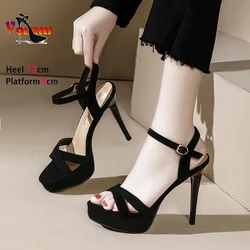 Fashion Party High Heels 12CM Faux Suede Ankle Buckle Strap Sandals Sexy Cross-Band Black Women Shoes Summer Platform Stilettos