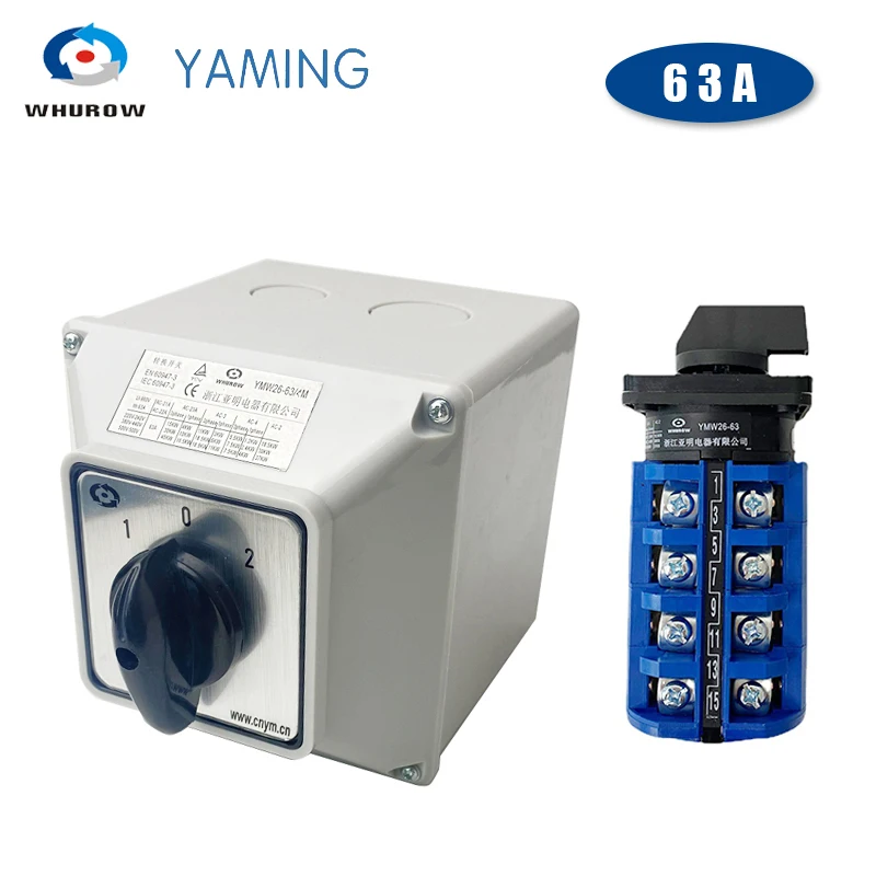 

LW26 YMW26-63/4M Changeover Cam Switch 63A 4 Poles Silver Contact Three Position With Waterproof Enclosure IP65