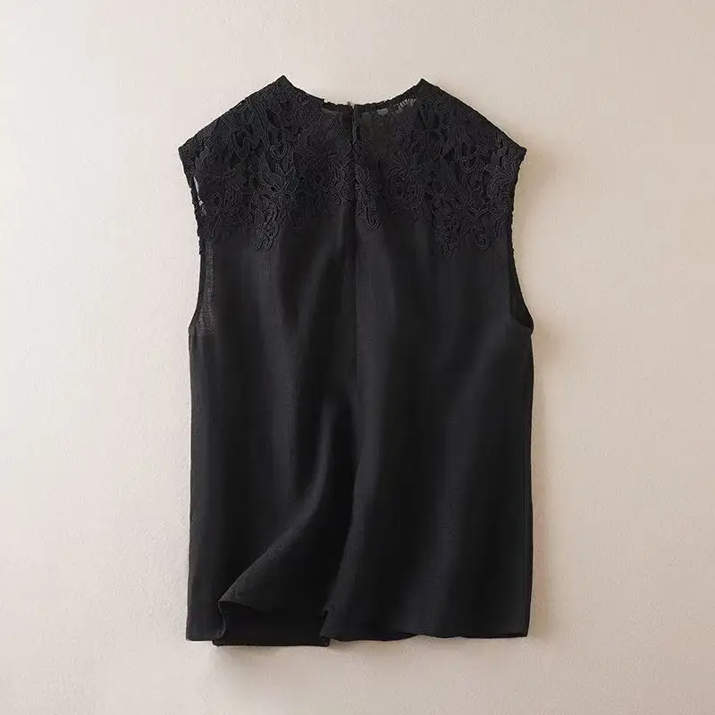 Gilet con finiture scavate in pizzo retrò Donna Estate Faion Allentato rotondo Ne Svel Base irt Top Cleanfit U-ne Ricamo