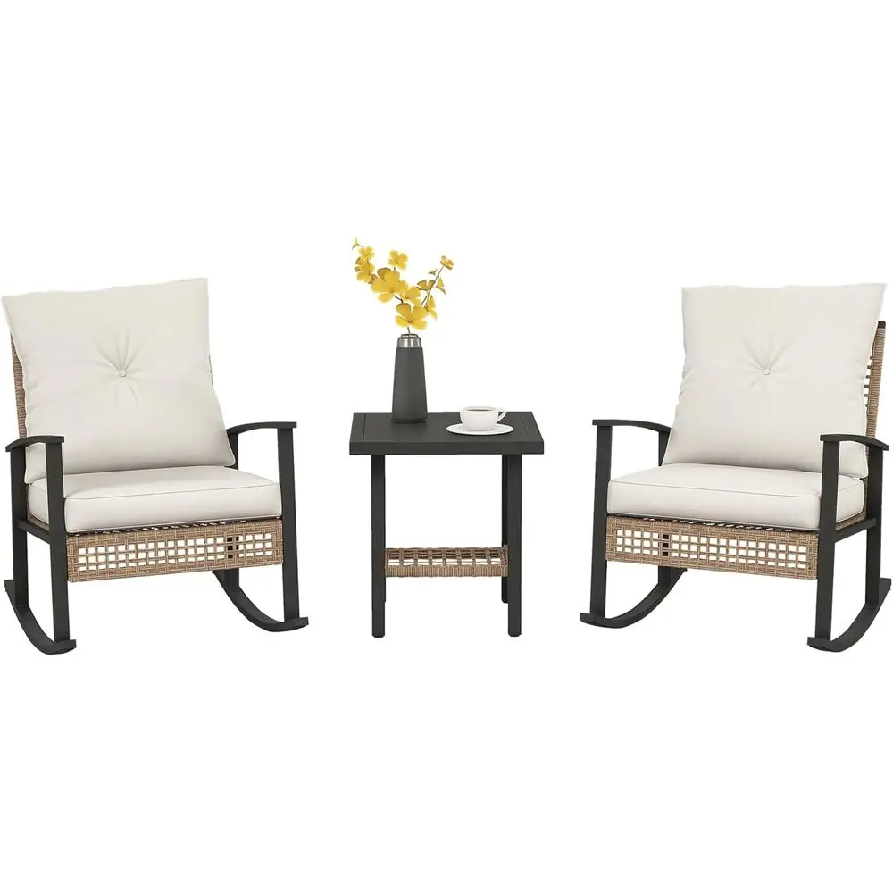 3 Pieces Rocking Wicker Outdoor Bistro Set, Rattan Patio urniture Set with Coee Table and Porch Chairs, Button Tuted Cushions or