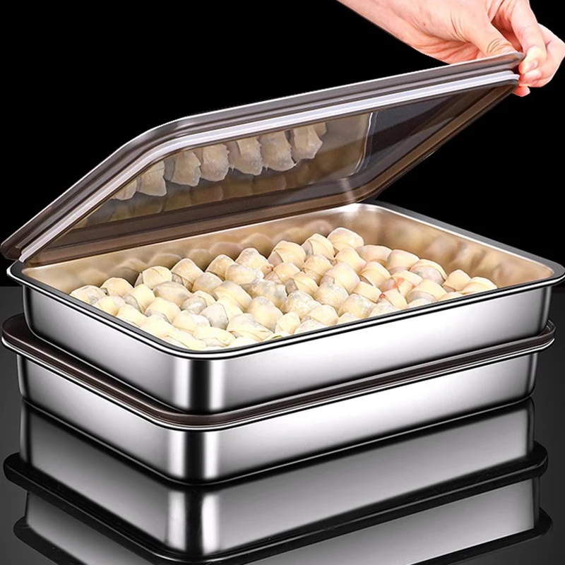 1 Piece, 304 Stainless Steel Dumpling Crisper, Refrigerator Freezer Sealed Crisper, Quick-Frozen Food Wonton Storage Box, Stackable and Organizing Container with Lid