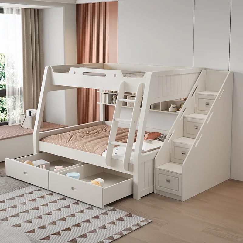 Customized Kids Bedroom Furniture Solid Wooden Children Bunk Beds Kids Bed With Two Storage Drawers White